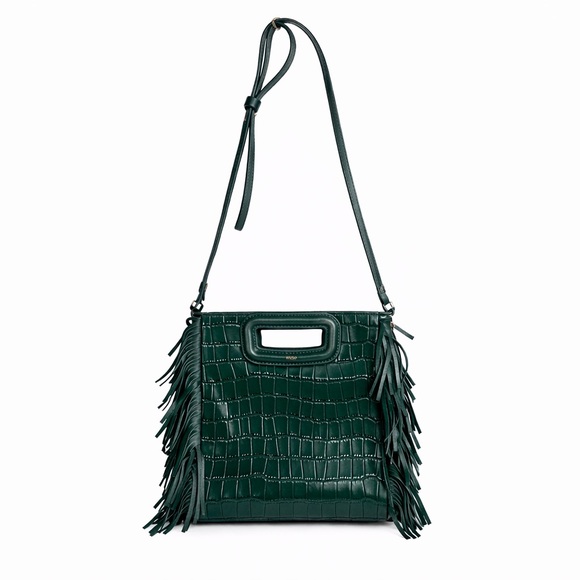 Maje Handbags - Maje Croc-Embossed Fringe Leather Shoulder Bag Teal Designer